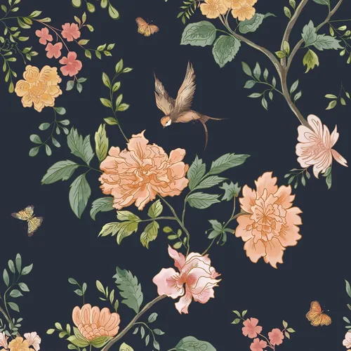 Froluya Papel tapiz floral azul oscuro para despegar y pegar, papel de contacto floral vintage de 16.9 x 118.1 pulgadas, papel tapiz de pájaro para