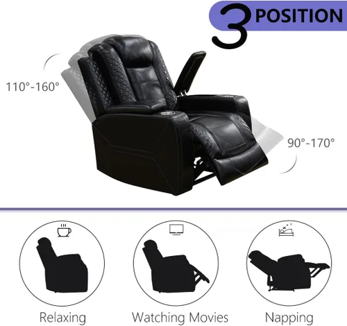 Miniatura 6 de Juego de Sofá Reclinable Eléctrico, Juego de Sofá y Sillón Reclinable de Cuero Negro, Juegos de Muebles de Sala de Estar, Sofá de Dos Plazas