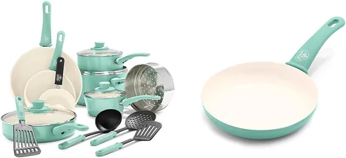 GreenLife Soft Grip - Juego de ollas y sartenes de cocina antiadherentes de cerámica saludable de 16 piezas, turquesa y agarre suave, antiadherente