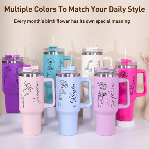 Miniatura 2 de Elemtansy Vaso personalizado de 40 onzas con asa y pajita, taza personalizada con nombre y flor de nacimiento, vaso de café de viaje de acero