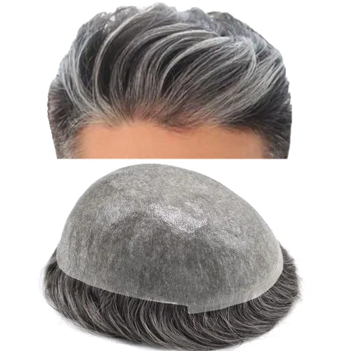 Miniatura 14 de Toupee para hombres, piel ultra fina, 0.002 in, base de poli completa, bucle en V, suave, sistema de reemplazo de cabello humano, pelucas para #1
