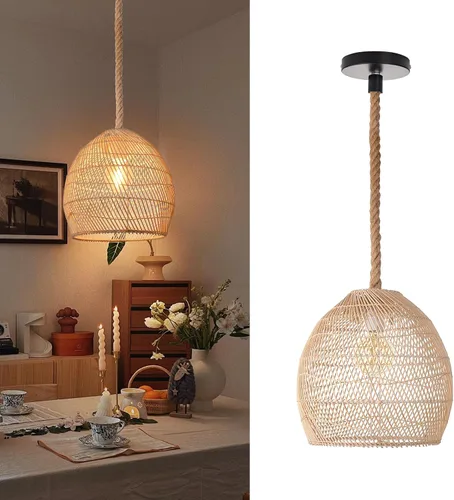 Arturesthome Lámpara colgante de ratán natural para isla de cocina, lámpara tejida con sombra, lámpara de techo colgante hecha a mano, lámpara de
