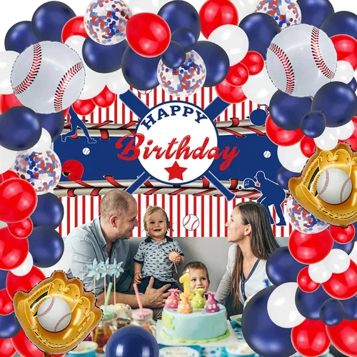 Miniatura 5 de Guirnalda de arco de globos de béisbol, 146 piezas de papel de aluminio de béisbol, guantes de látex de confeti rojo, blanco, azul marino, confeti