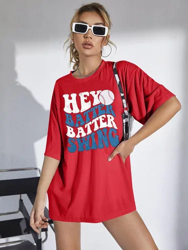 Miniatura 28 de Camiseta de béisbol para mujer, camisetas de béisbol de gran tamaño Hey Batter Batter Swing Graphic Tee Ballpark Gift Tops de manga corta