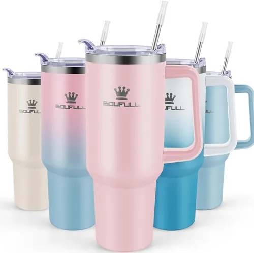 Vaso de 40 onzas con asa y tapa con popote, taza de café de viaje 100% a prueba de fugas, taza aislada de acero inoxidable para bebidas calientes y