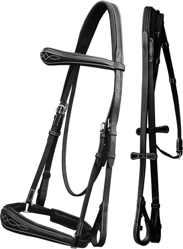 Exion Dressage Brid: forro suave, forma anatómica y costuras de diseñador en banda de cejas y banda nasal viene con riendas de tela equipadas con un