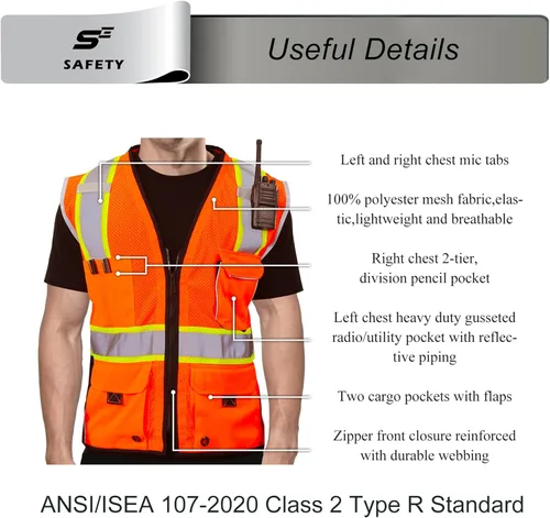 Miniatura 3 de sesafety Chaleco de seguridad con 9 bolsillos, chaleco reflectante de alta visibilidad, chaleco de seguridad, chaleco de trabajo para hombres