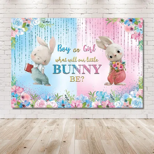 Miniatura 6 de MEHOFOND Telón de fondo de primavera de conejo de Pascua para revelación de género para niño o niña, con texto en inglés "What Will Our Little Bunny