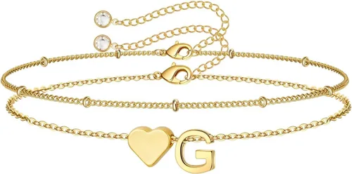 Miniatura 32 de M MOOHAM Pulseras de oro con inicial de corazón para mujer, pulseras con dije de letra A-Z de corazón dorado en capas para mujer, pulseras
