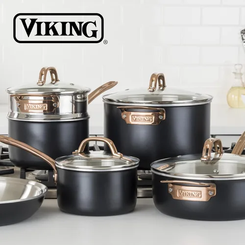 Miniatura 6 de Viking - Juego de ollas y sartenes de 3 capas, 11 piezas de acero inoxidable para cocina con tapas de vidrio, negro con cobre
