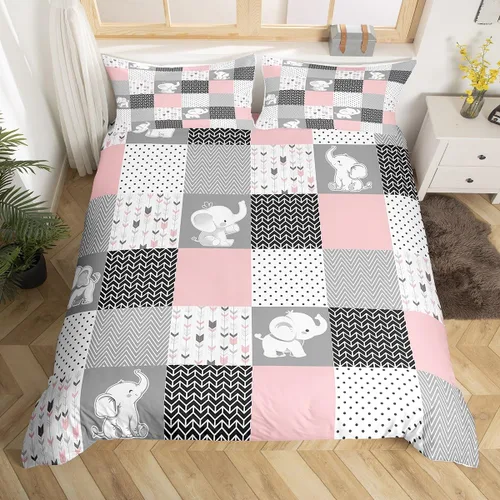 Miniatura 43 de Homewish Juego de ropa de cama de elefante, tamaño Queen, funda de edredón a rayas azules para niños y niñas, juego de funda de edredón de animales