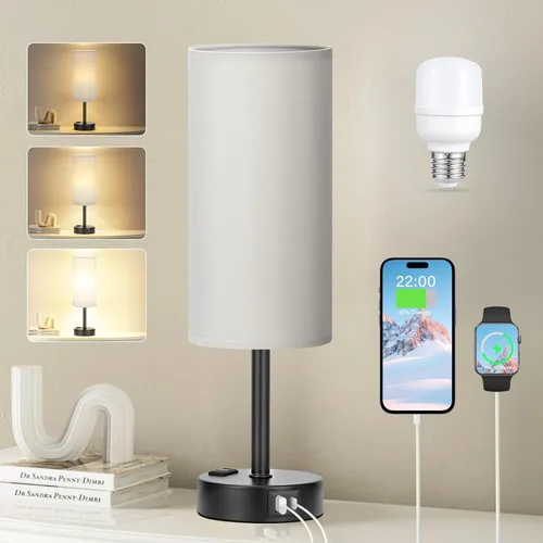 Miniatura 26 de Fenmzee Juego de lámparas de mesa pequeñas táctiles regulables de 2 a 3 vías, carga USB A + C, salida de CA, base de grano de madera, bombillas