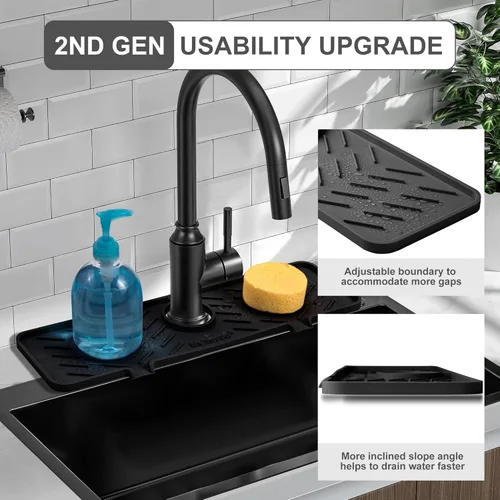 Miniatura 3 de Alfombrilla de Silicona para Grifo de Fregadero de Cocina – Gen 2 Protector contra Salpicaduras con Salida y Pendiente Mejoradas – 18" x 5.1" Negro