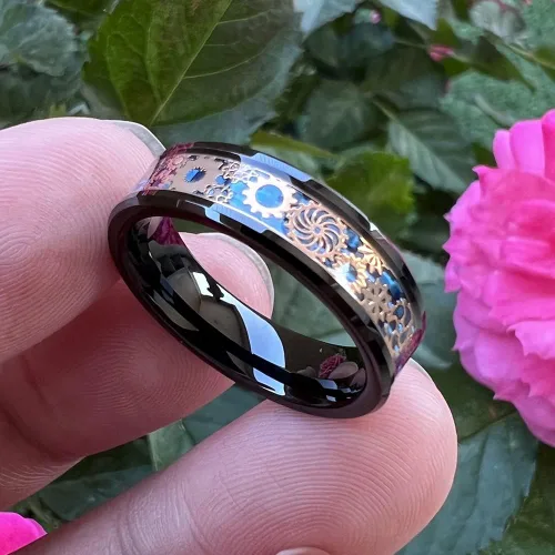Miniatura 3 de Wow Jewelers - Anillo de tungsteno de 6 mm y 8 mm color negro, plateado, rojo y azul para hombres y mujeres, anillos de matrimonio estilo Steampunk