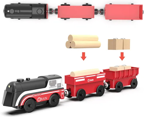 Miniatura 3 de Tren operado por batería para pista de madera, tren motorizado para niños de 3 años o más, set de juguete de 3 trenes eléctricos compatible