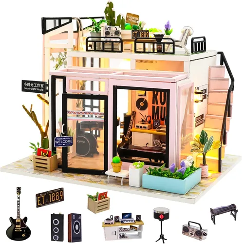 Spilay Kit de casa de muñecas en miniatura con muebles de madera, kit de casa de muñecas de bricolaje con prueba de polvo y movimiento musical,