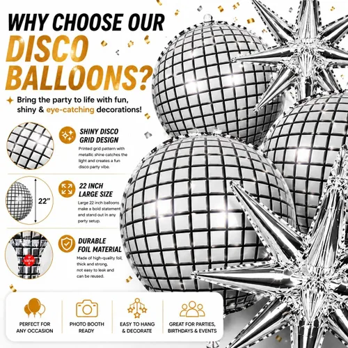 Miniatura 2 de 8 globos plateados de 22 pulgadas, globos de aluminio grandes 4D con estrella metálica para discoteca de los años 70, fiesta de cumpleaños, Plata 8