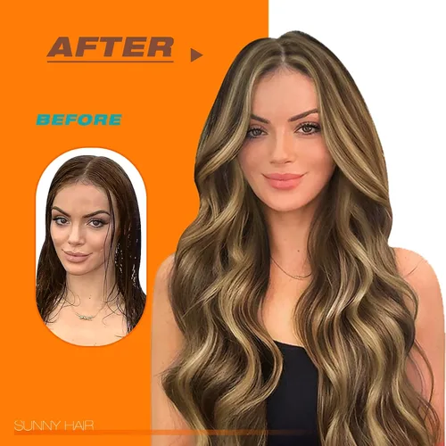 Miniatura 6 de Sunny Hair - Extensiones de cabello humano real para mujer, con cinta adhesiva invisible, Remy, color castaño oscuro con reflejos de color rubio
