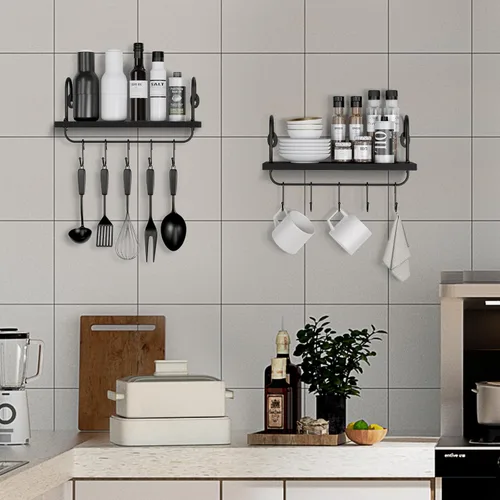Miniatura 7 de Olakee Estantes flotantes de pared para cocina, baño, rincón de café con 10 ganchos ajustables para tazas, utensilios de cocina o toallas, estantes