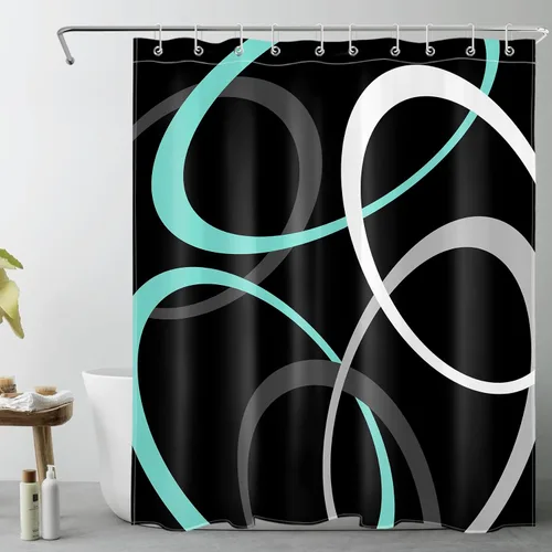 Miniatura 25 de EOBTAIN Cortina de ducha con patrón geométrico azul para baño, cortina de ducha abstracta gris y blanca sobre tela negra con 10 ganchos, cortinas