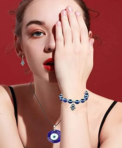 Miniatura 5 de RUIZHEN - 2 Pulseras elásticas con cuentas azules de ojo malvado, 7 chakras, piedra de lava, mano de Hamsa