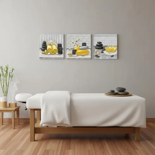 Miniatura 5 de RnnJoile Arte de pared de lienzo para spa con piedra Zen y orquídea, pintura de estilo bodegón amarillo, impresiones para decoración de baño