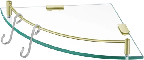 KES Estante para esquina de vidrio para baño con barandilla de vidrio templado y soporte de pared flotante SUS 304 de acero inoxidable en oro Oro