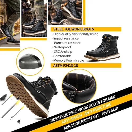 Miniatura 3 de KELODON Botas impermeables con punta de acero para hombres, botas de trabajo de cuero de 6 pulgadas, botas de construcción indestructibles, botas
