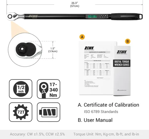 Miniatura 2 de Llave dinamométrica digital de 1/2 pulgada EWK 12.5-250 pies-libras (17-340 Nm), alta precisión y fácil de leer, precisión de ±1.5% para automóvil