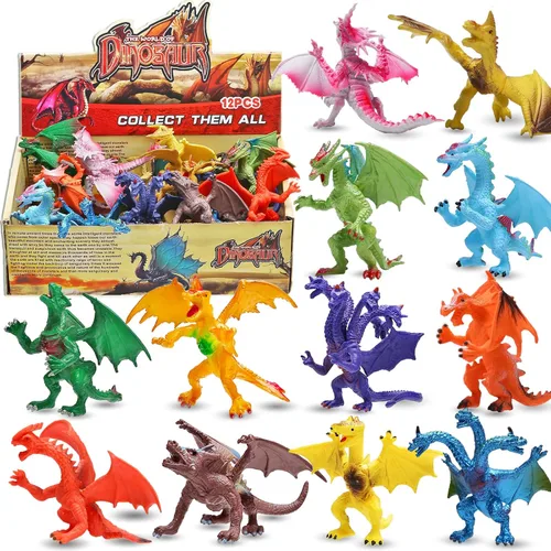 Juego de juguetes de dragón con detalles realistas de 4 pulgadas con caja de regalo, 12 piezas de mini figuras de dragón en y estilos, juguete de