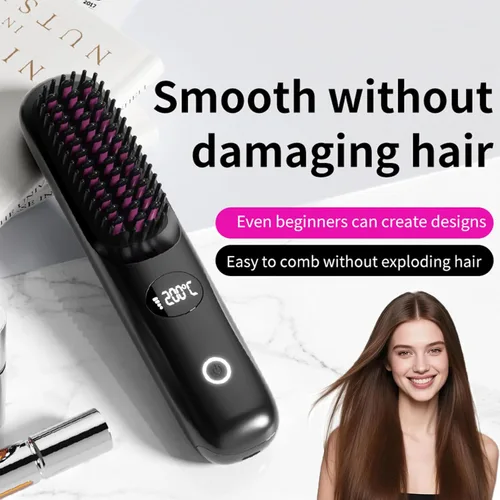 Miniatura 3 de Go Brush Pro - Cepillo alisador de pelo inalámbrico, mini cepillo alisador portátil para mujeres con 3 ajustes de temperatura, pantalla LED, peine