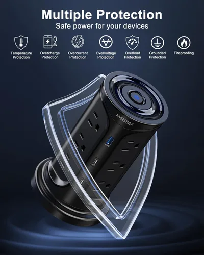 Miniatura 5 de Regleta de Protección contra Sobretensiones Torre Enchufe Plano con 12 Tomas de CA 3 Puertos USB (2 Tipo C), Cable de Extensión Ultra Plano de 6.5