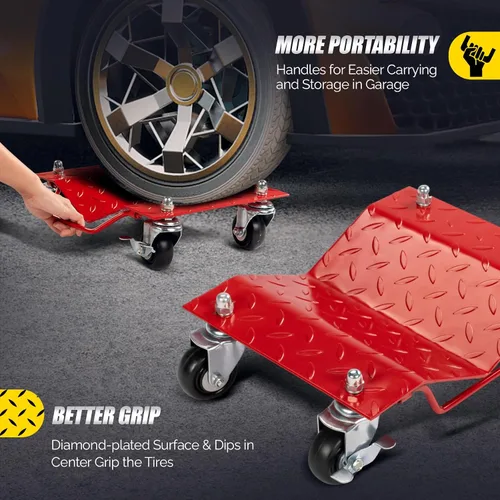 Miniatura 5 de TUFFIOM Juego de 4 carros para automóvil, 8000 libras de capacidad, carrito de vehículos resistentes, patines de neumáticos de acero con frenos