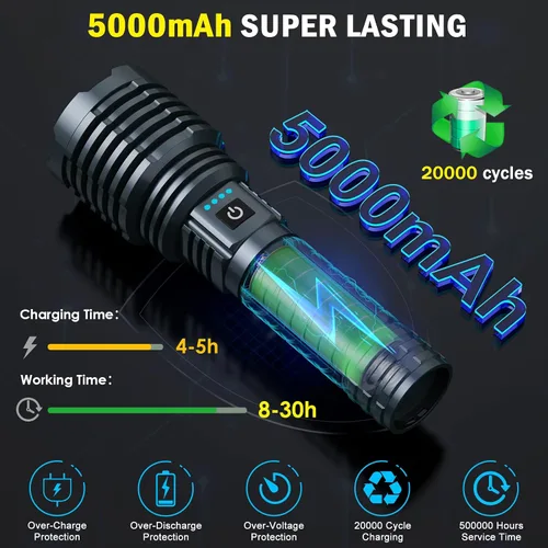 Miniatura 5 de baibian Linternas de alto lúmenes, 100,000 lúmenes, linterna súper brillante, recargable de mano, impermeable, tácticas, linternas LED, 5 modos