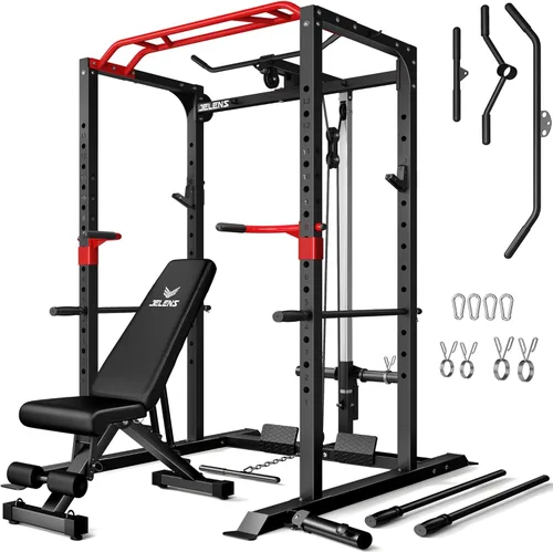 Miniatura 13 de Jaula de potencia JELENS, banco multifunción S11 con capacidad de 2000LBS, barra para sentadillas con sistema de poleas ajustable y más accesorios