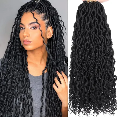 COOKOO 8 paquetes de 18 pulgadas (14 hebras/pieza) Rastas de diosa de ganchillo con bucle previo con extremos rizados, negro azabache, rastas