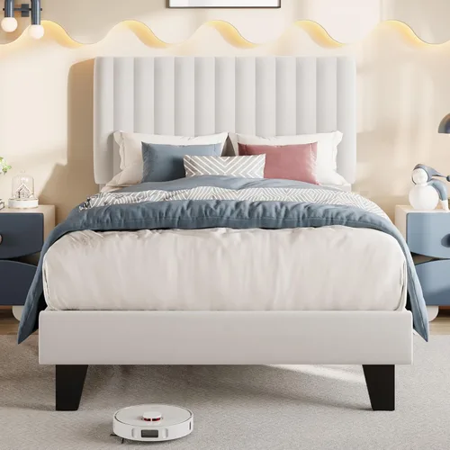 Miniatura 10 de Einhomn Base de cama tamaño Queen con cabecero, base de cama tapizada de lino con listones de madera maciza, sin ruido, no necesita somier, fácil