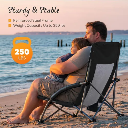 Miniatura 3 de NEWBULIG Silla de playa plegable para adultos, silla de césped de perfil bajo con portavasos y bolsa de transporte, asiento extra ancho y respaldo