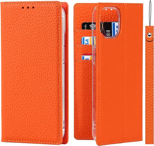 Miniatura 27 de iCoverCase Compatible con iPhone 13 Pro Max, funda magnética de piel auténtica con bloqueo RFID, correa para la muñeca y ranuras para tarjetas, Rojo