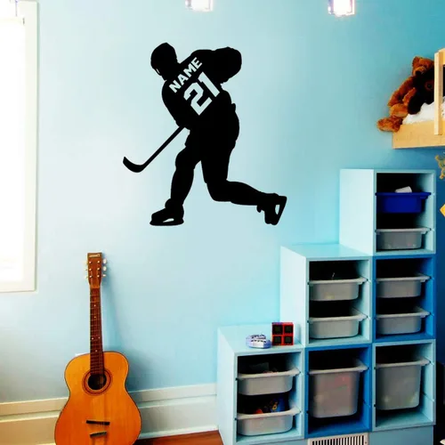 Miniatura 2 de VWAQ - Adhesivo decorativo para pared con diseño de jugador de hockey, personalizable, para habitación de niños, CS23