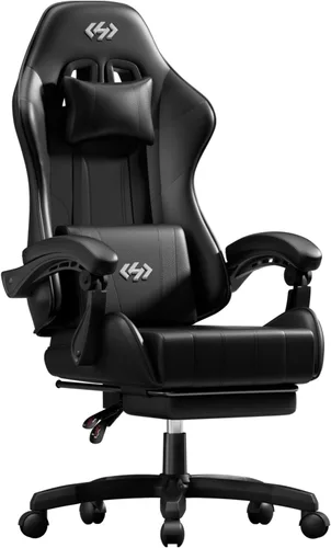 HLDIRECT Silla de juegos, silla ergonómica de oficina para computadora con soporte lumbar, reposapiés, reposacabezas, piel sintética, giro de 360°,