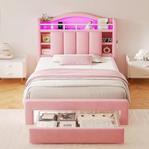Miniatura 3 de Base de cama LED individual con cabecera de almacenamiento y 2 cajones de almacenamiento, cama tapizada de terciopelo princesa con diseño de Rosa