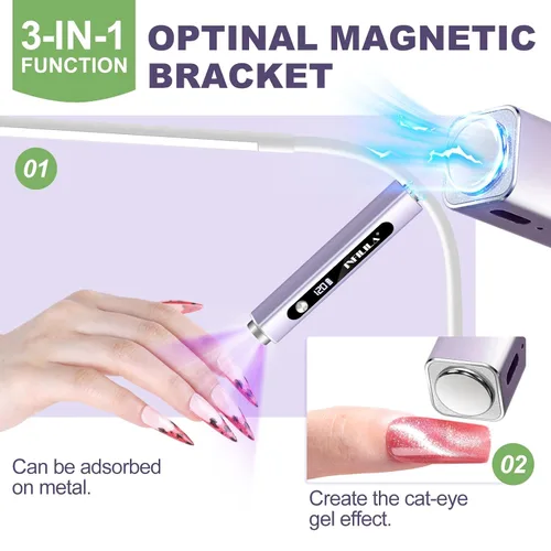 Miniatura 5 de NXJ INFILILA Luz UV multifuncional de mano para uñas de gel con imán de ojo de gato, lámpara de uñas portátil de curación flash para manicura Púrpura