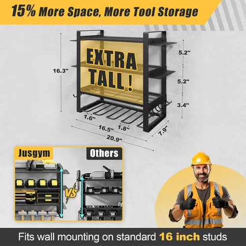 Miniatura 2 de Jusgym Organizador de herramientas eléctricas para montaje en pared, estante de almacenamiento de herramientas de garaje de 200 libras con 4
