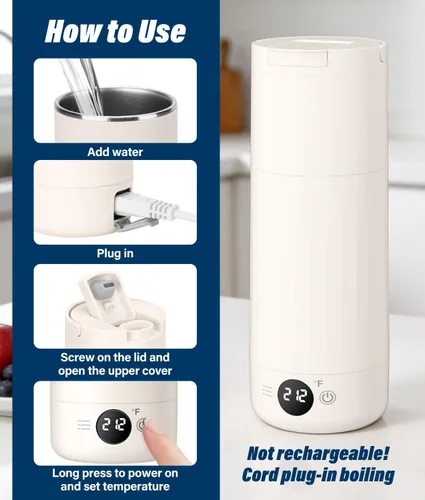 Miniatura 7 de Hervidor eléctrico portátil para viajes, hervidor de acero inoxidable 316, caldera de agua caliente con tapa y taza 2 en 1, hervidor de té de viaje