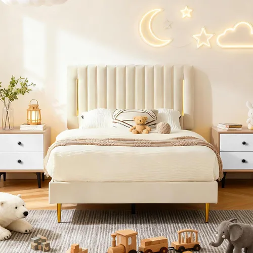 Miniatura 16 de Furnify Armazón de Cama de Plataforma Twin, Marco de Cama Tapizado en Terciopelo con Cabecera Ajustable de Canal Vertical, Ribete de Enchapado