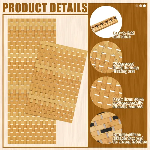 Miniatura 5 de Barydat Juego de 2 tapetes de baño de bambú para bañera larga y grande, antideslizante, tapete de ducha de bambú, tapete de madera impermeable