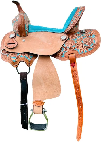 Miniatura 11 de RESISTANCE Western Kids - Sillín de caballo para montar a caballo, silla de montar a caballo para niños jóvenes, de cuero auténtico, diseño floral