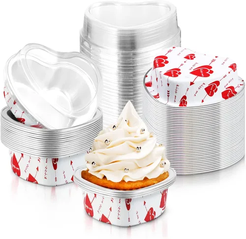 Miniatura 7 de Cunhill 60 juegos de moldes para pasteles en forma de corazón con tapas, 3.4 onzas líquidas, papel de aluminio, mini moldes desechables para blanco