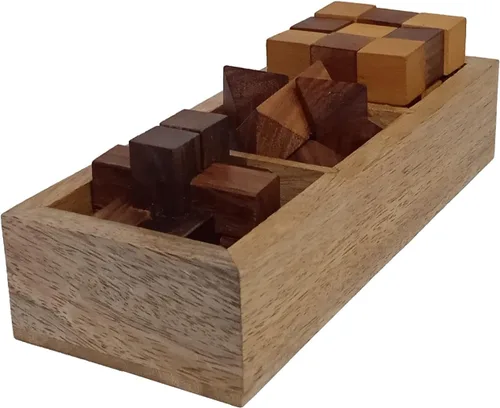 Miniatura 3 de Purpledip Juego de rompecabezas de madera: 3 desafíos mentales cerebrales con caja de almacenamiento (12629)